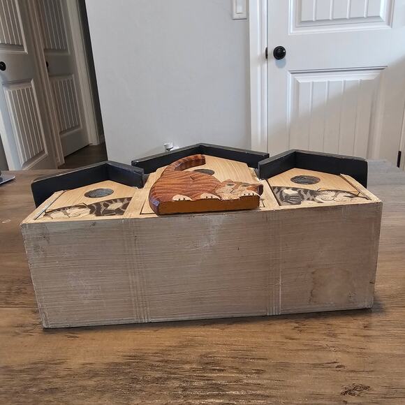 Vintage Cat Wood House Container 3 Pull Out Drawers Kitty 90s Cottage Retro - Picture 11 of 14